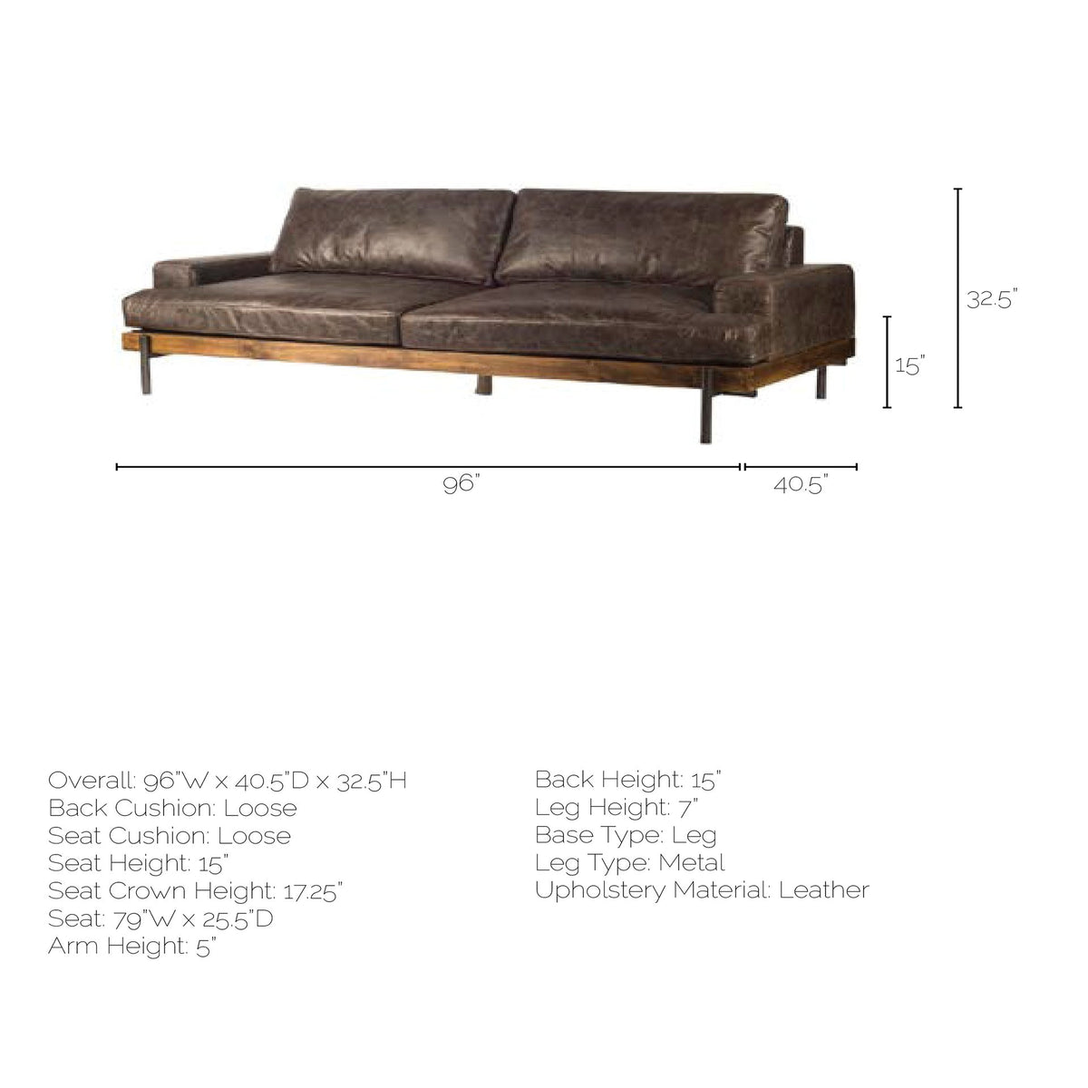 Colburne II 96" Brown Leather Three Seater Sofa | BeBoldFurniture