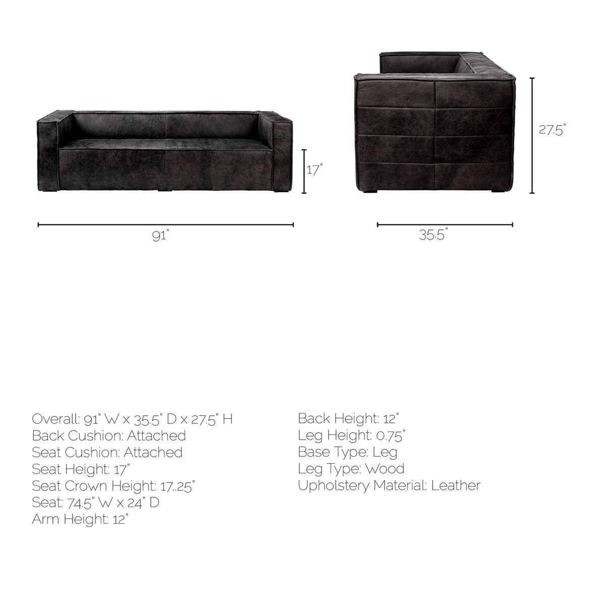 Stinson II 91" Black Leather Three Seater Sofa | BeBoldFurniture