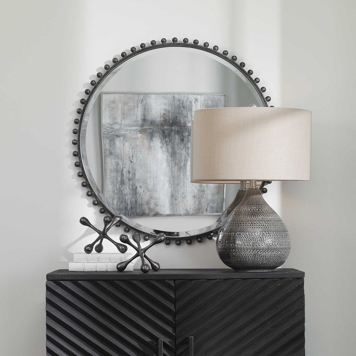 Taza Round Mirror Distressed Black | BeBoldFurniture