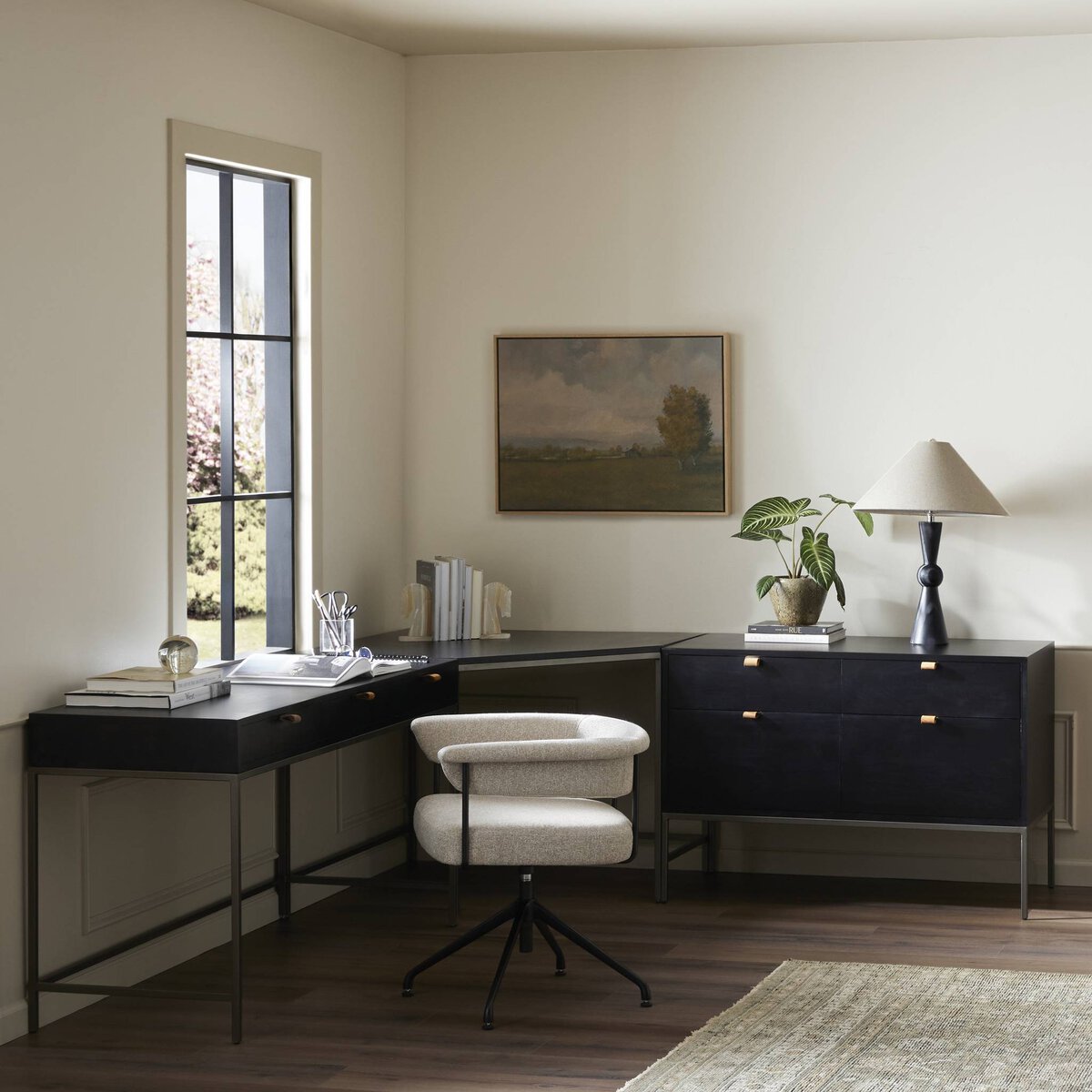 Trey Desk System With Wide Filing Cabinet Black Wash Poplar | BeBoldFurniture