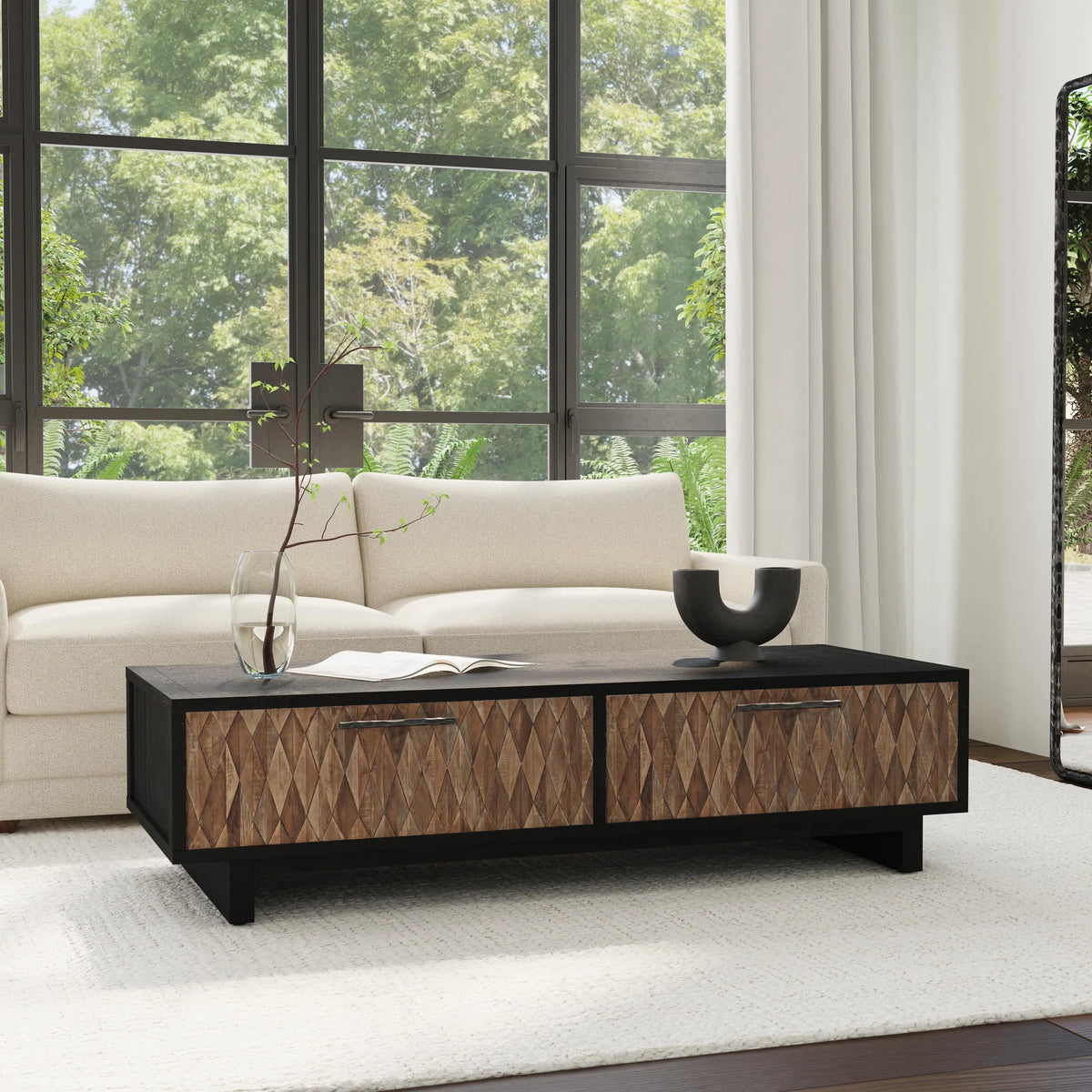 Anton Solid Wood Rectangle 4Dwr Coffee Table Black/Natural | BeBoldFurniture