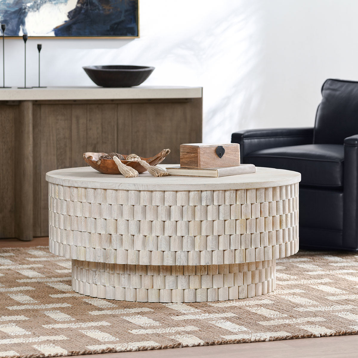 Norwood Mango Wood 40" Round Coffee Table Coastal White | BeBoldFurniture