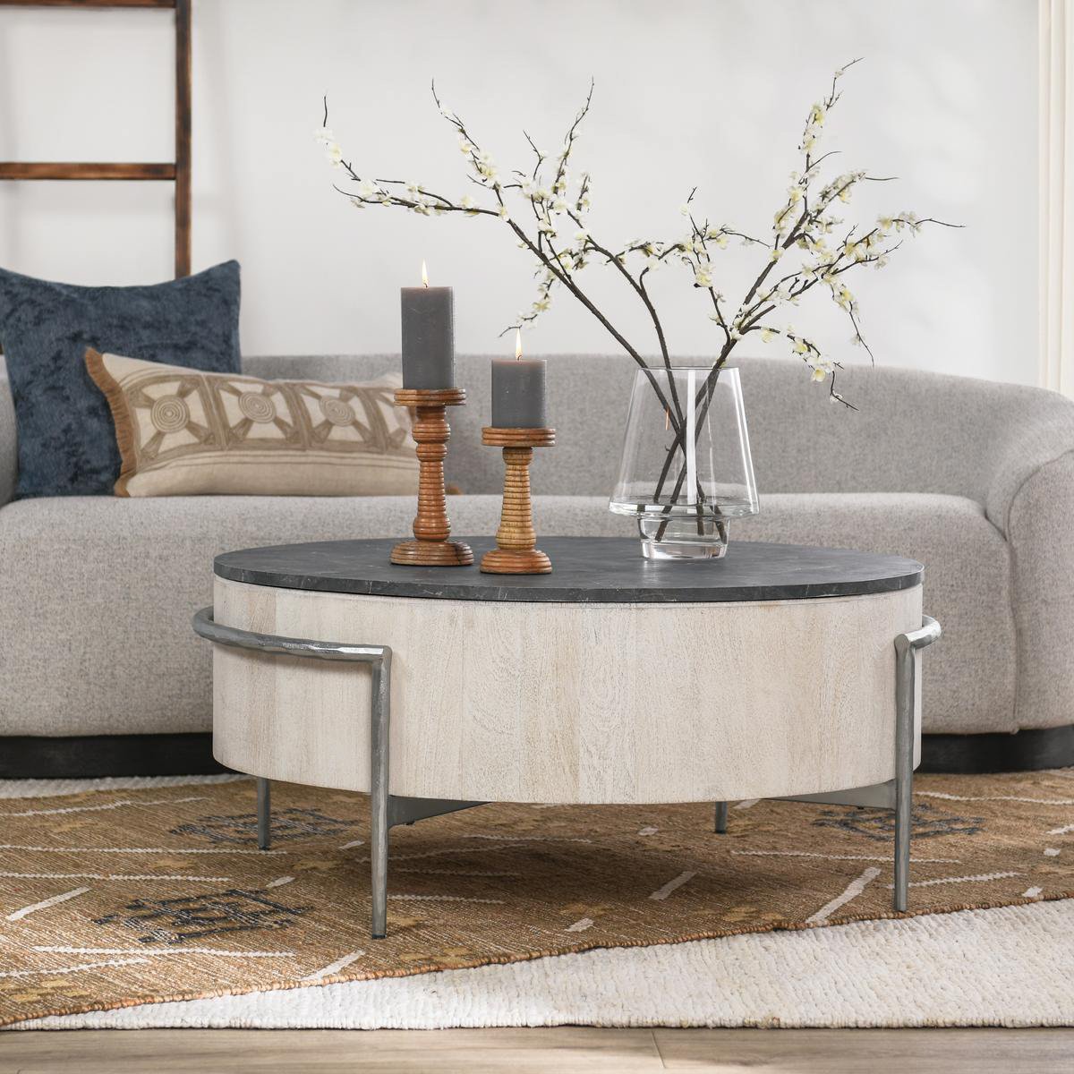 Honor 42" Round Coffee Table White Wash/Gray | BeBoldFurniture