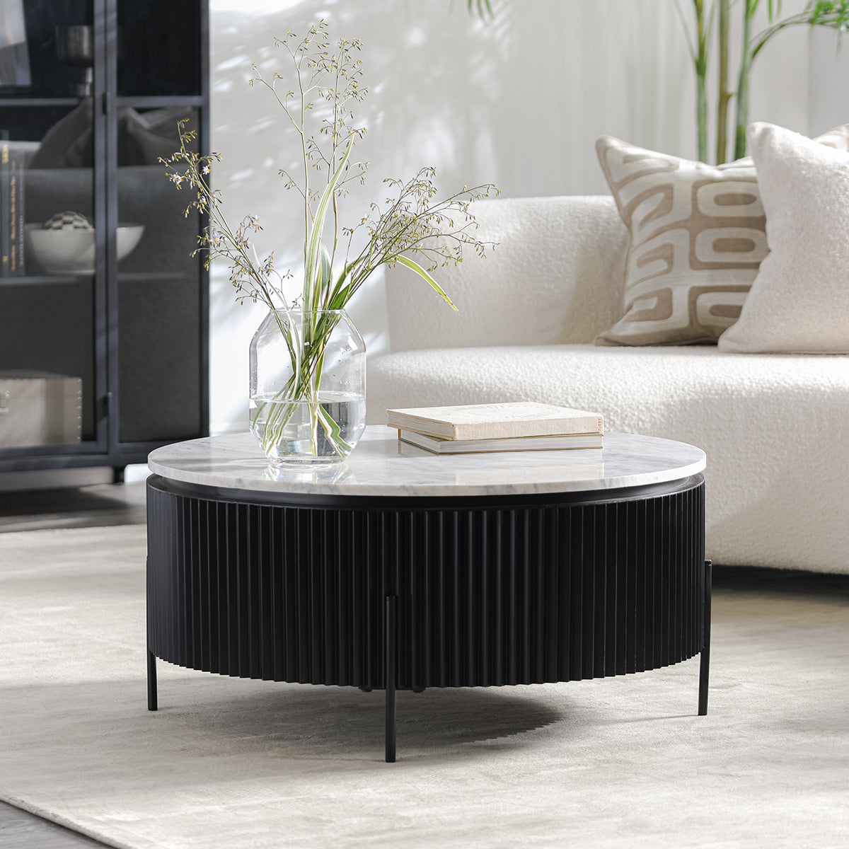 Gage Marble/Metal 36" Round Coffee Table Black/White | BeBoldFurniture