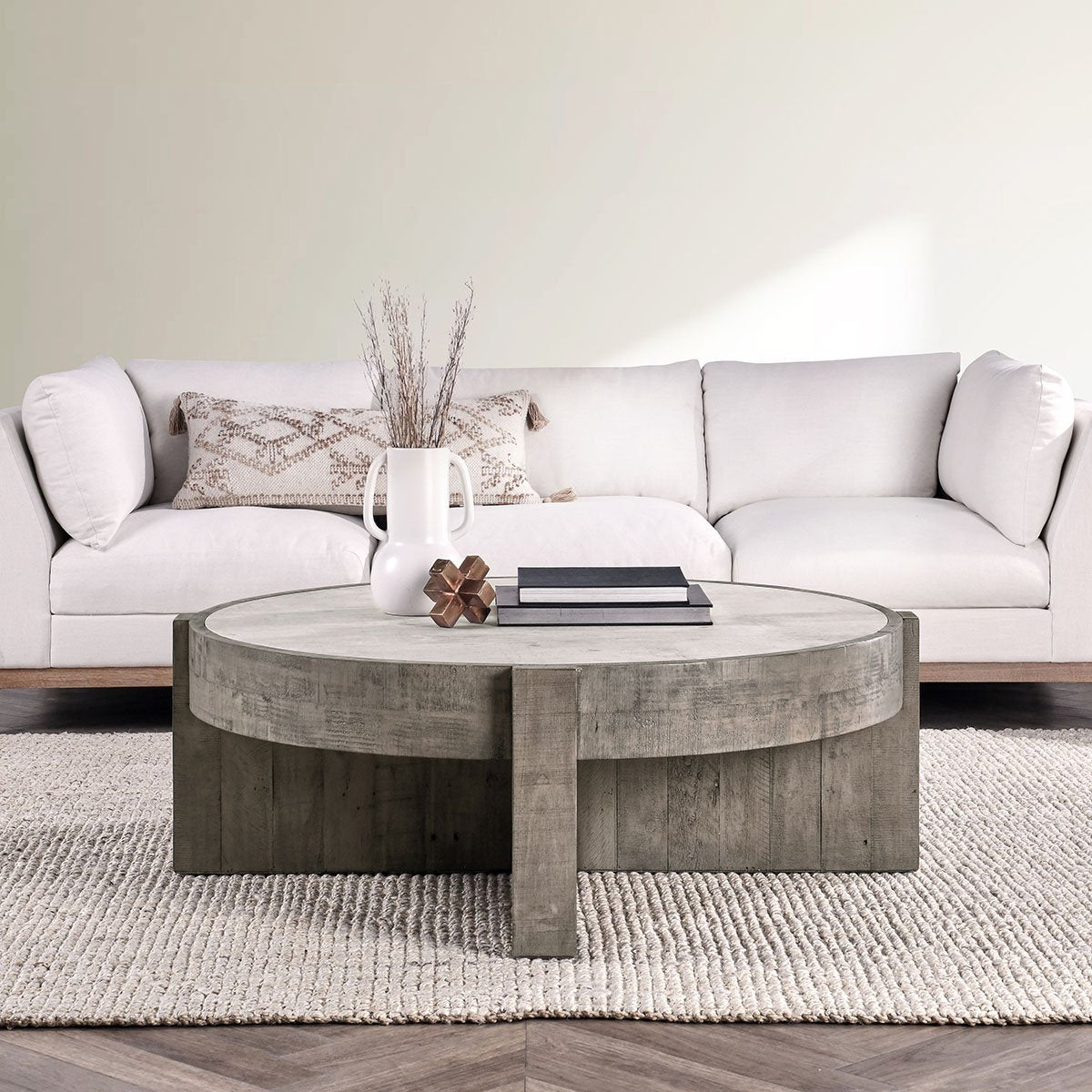 Sonoma Reclaimed Pine 52" Round Coffee Table Distressed Gray/Weathered Chalk | BeBoldFurniture
