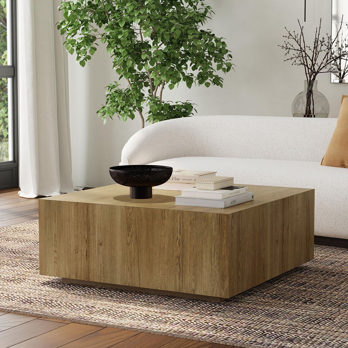 Layne Oak Veneer 42" Square Coffee Table w/Casters Light Brown | BeBoldFurniture