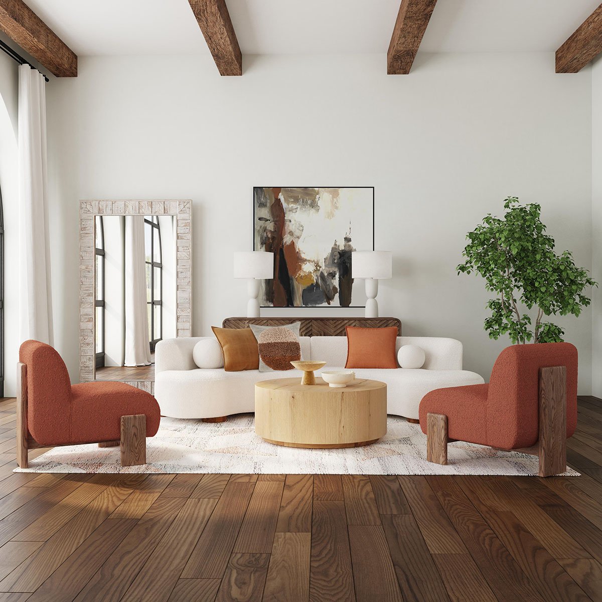 Layne Oak Veneer 42" Round Coffee Table w/Casters True Natural | BeBoldFurniture