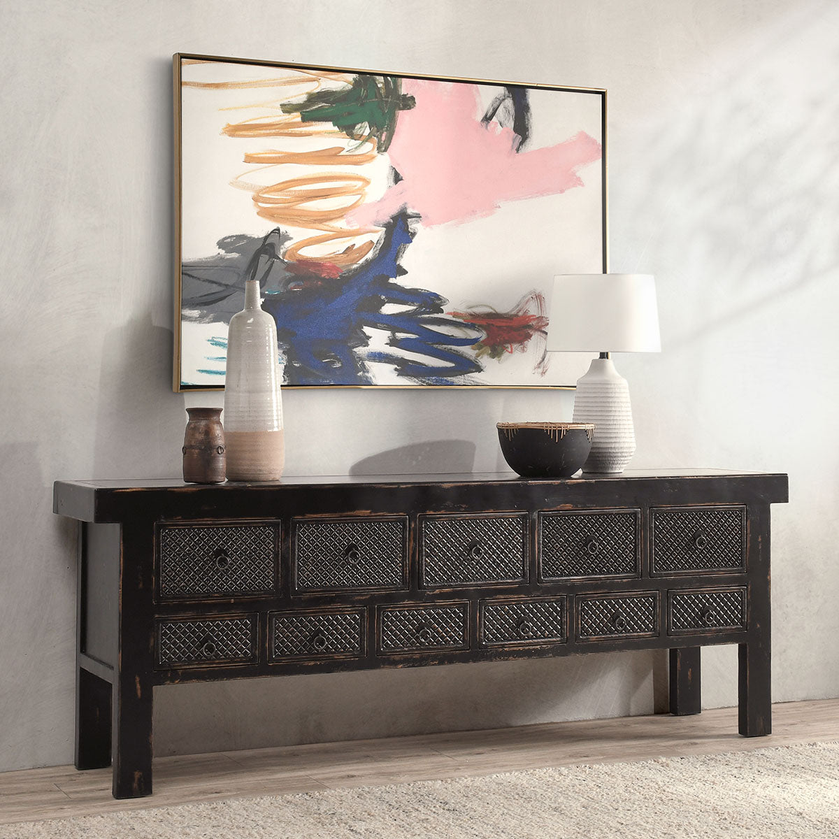 Lahey Reclaimed Pine 11 Dwr Console Table Antique Black | BeBoldFurniture