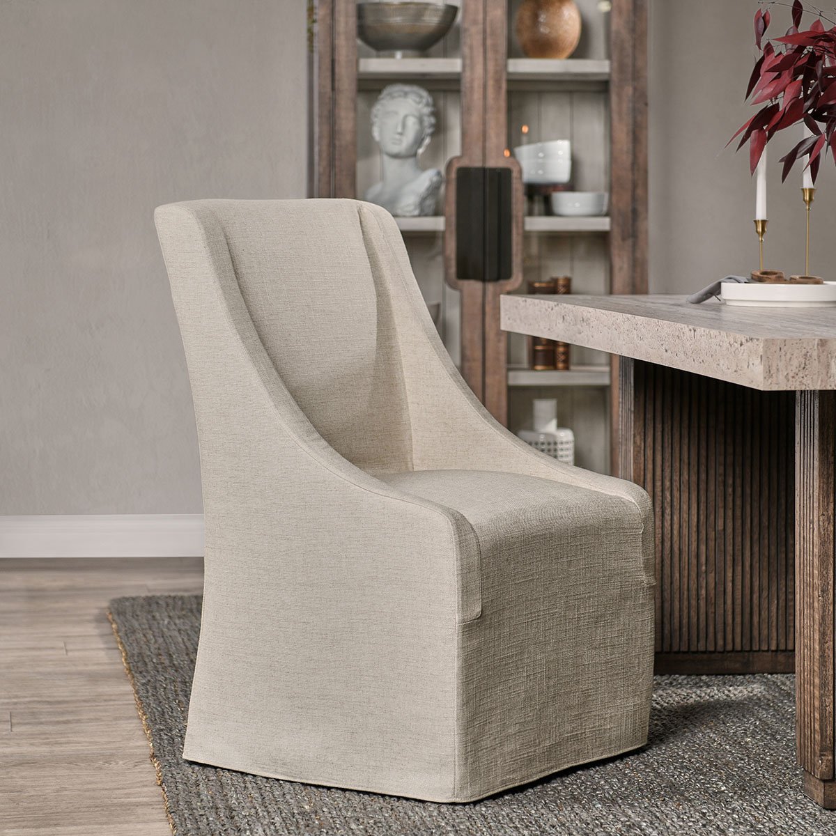 Warwick Upholstered Rolling Dining Chair Oatmeal | BeBoldFurniture