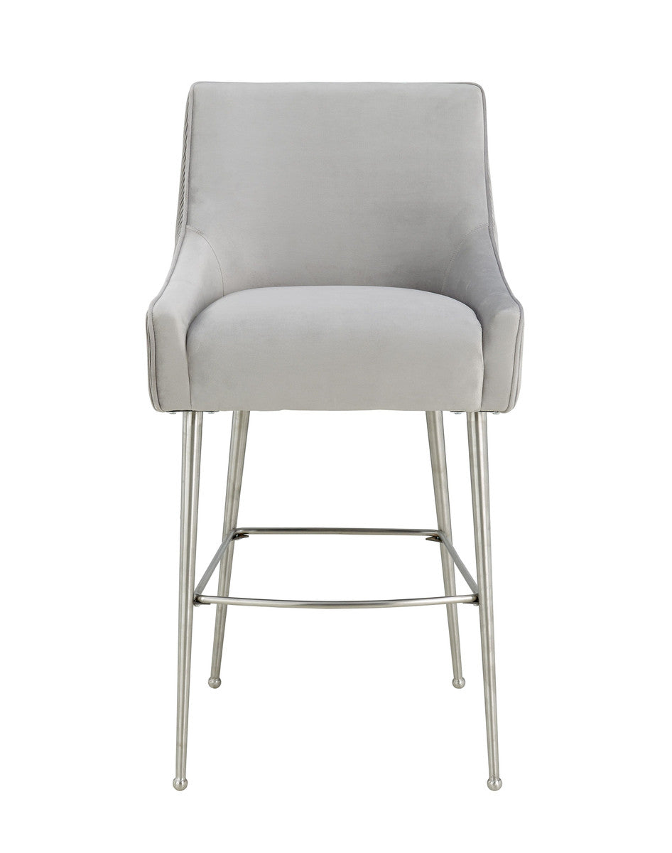 Beatrix Pleated Light Grey Velvet Bar Stool In Houston | BeBoldFurniture 