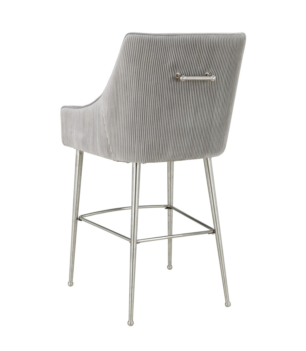 Beatrix Pleated Light Grey Velvet Bar Stool In Houston | BeBoldFurniture 