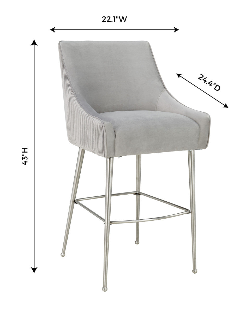 Beatrix Pleated Light Grey Velvet Bar Stool In Houston | BeBoldFurniture 