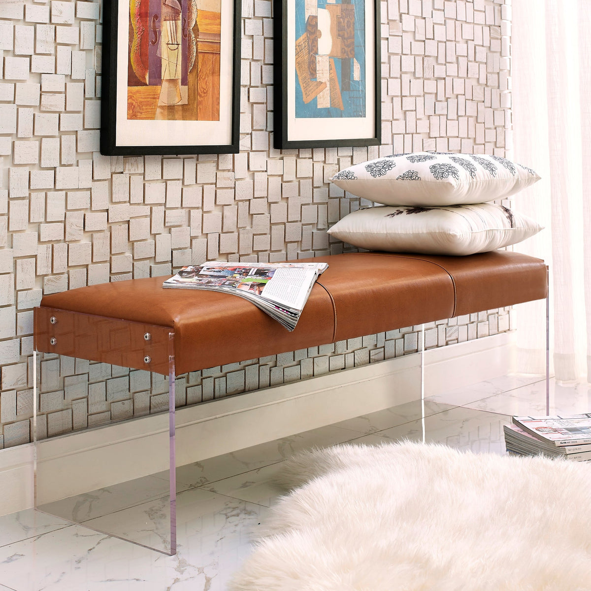 Envy Brown Leather/Acrylic Bench | BeBoldFurniture