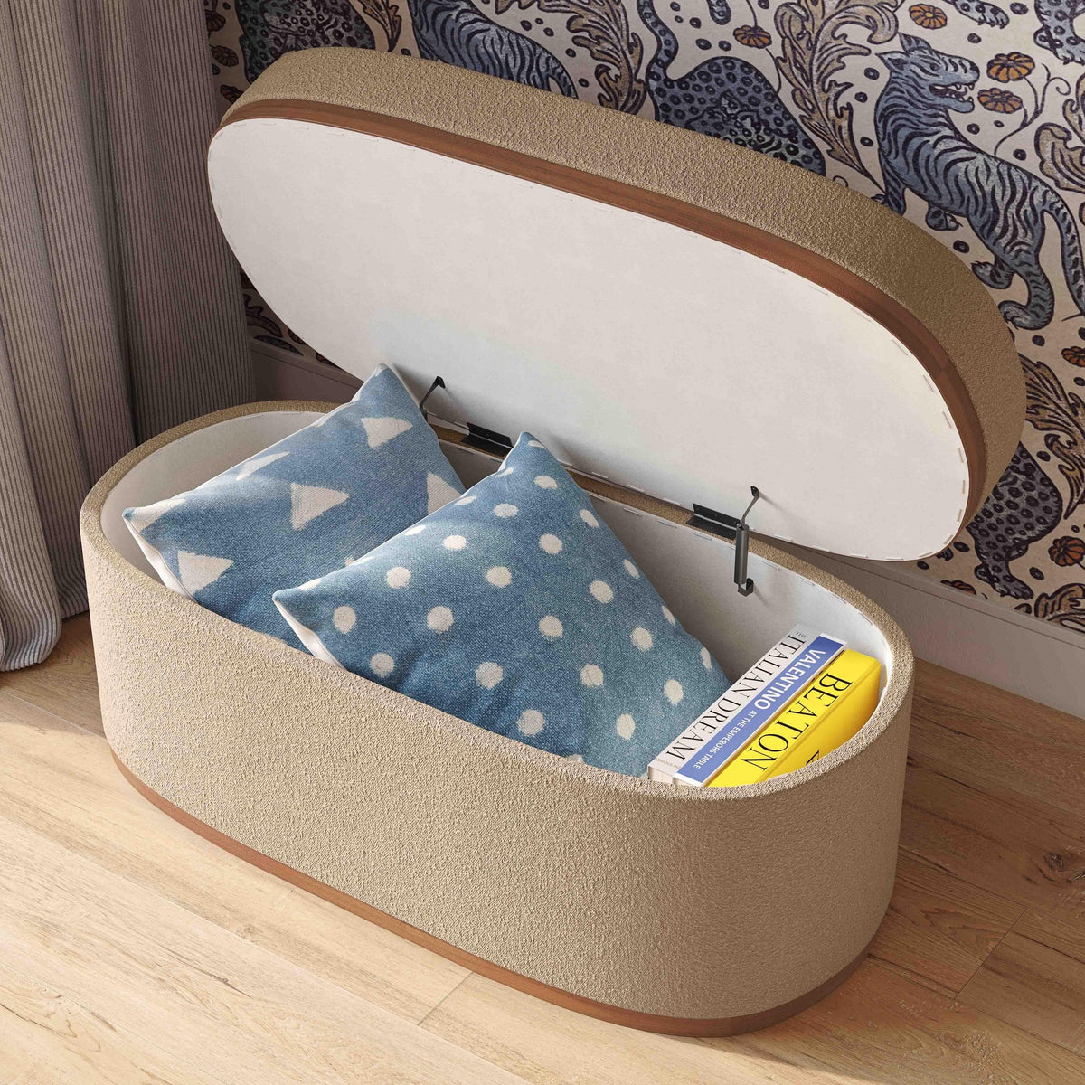 Olivier Ivory Boucle Oval Storage Ottoman | BeBoldFurniture