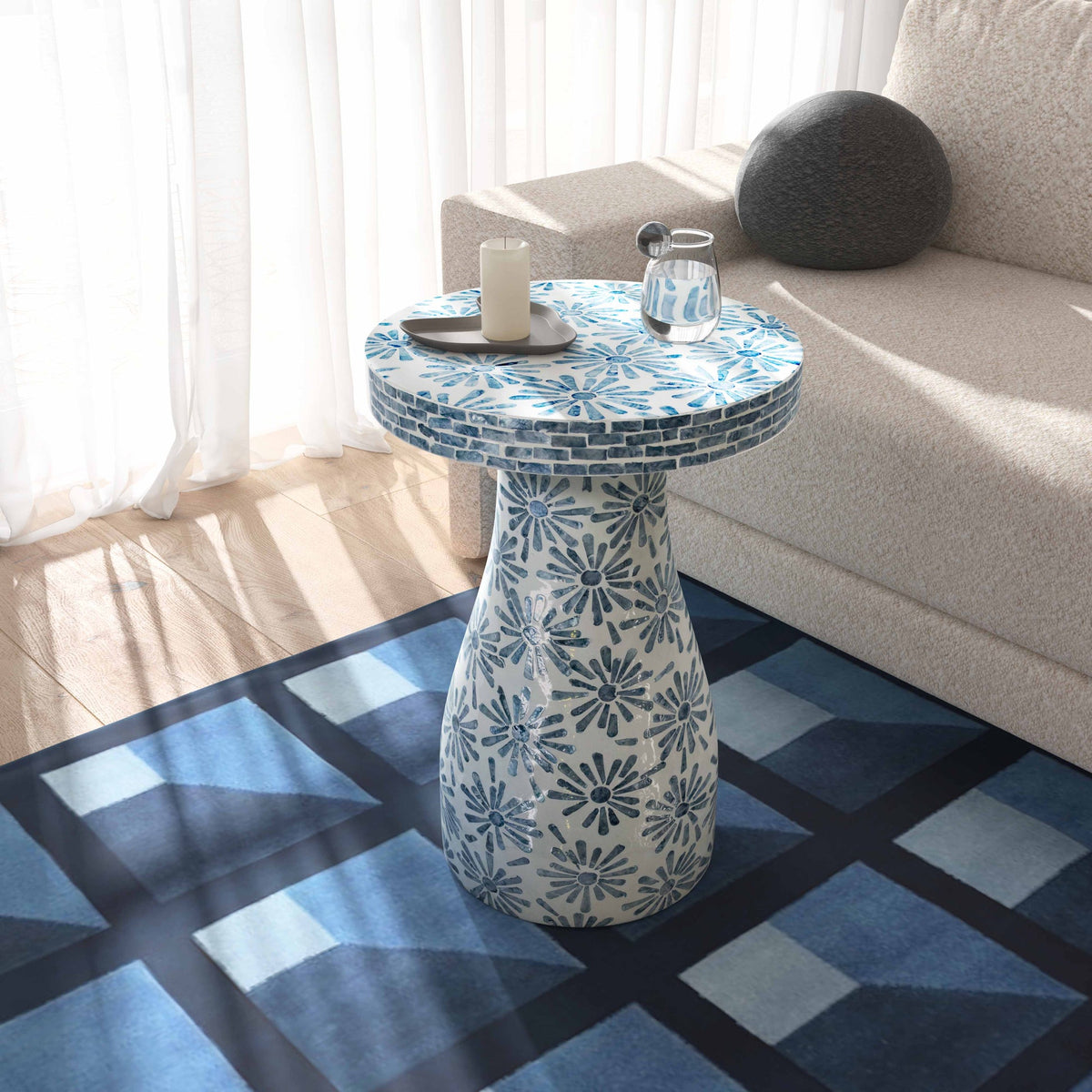 Halio Blue Floral Shell Side Table | BeBoldFurniture