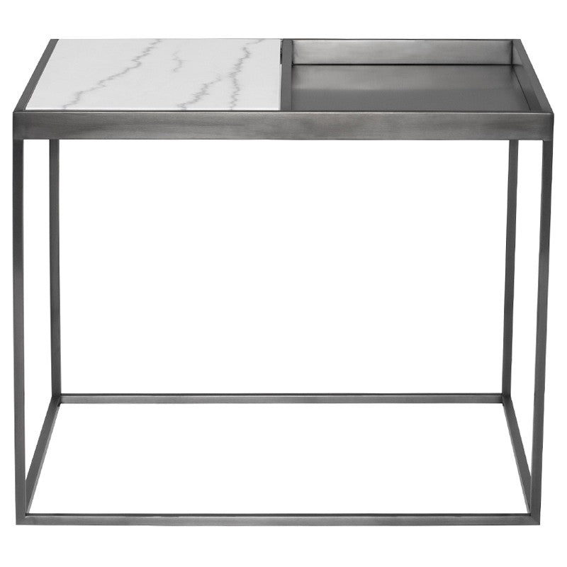 Corbett Side Table White Marble/Brushed Stainless 30″ - Be Bold Furniture