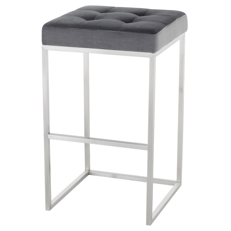 Chi Bar Stool Tarnished Silver Velour/Brushed Stainless 17.8″ - Be Bold Furniture